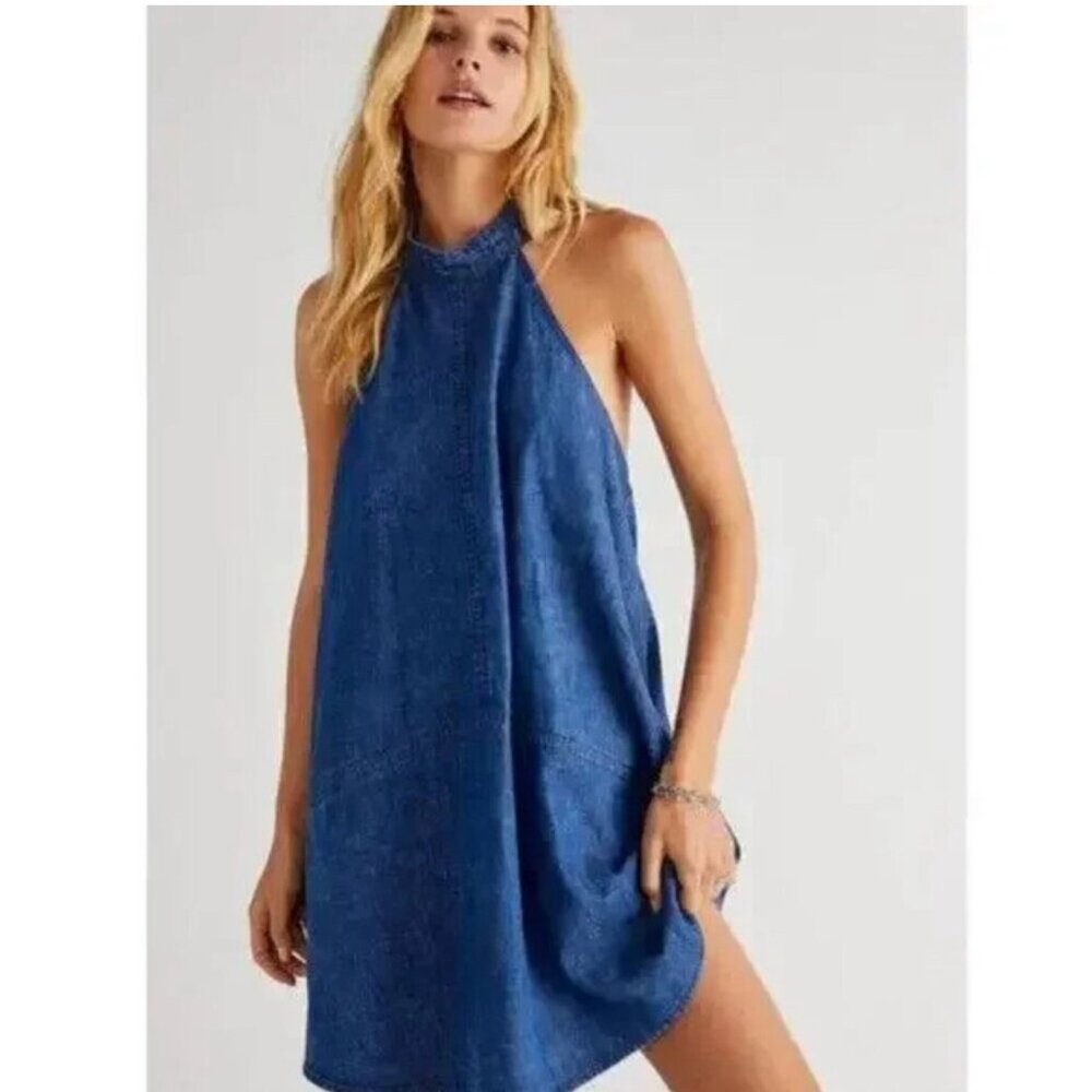 Free People Solid Rising Sun Denim Halter Mini Dress Size Large Retro Open Back